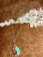 Turquoise and Brown Wood Teardrop Necklace