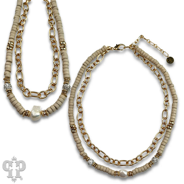 Disc bead and gold chain two strand necklace