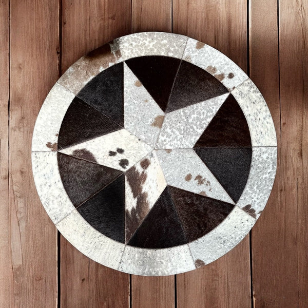Star cowhide patchwork rug 3x3’