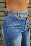 Stone Wash High Rise Boot Stitch Embroidered Flare Jeans
