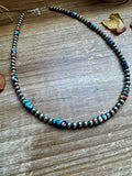 18 Inch 5 mm sterling silver pearls necklace with RARE Lapis mix with spiny & turquoise rondelle beads