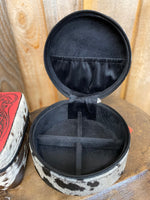 Red Tooled Leather & Cowhide Round Jewelry Box
