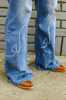 Stone Wash High Rise Boot Stitch Embroidered Flare Jeans