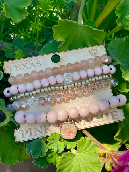 Blush pink mixed bead bracelet stack, Austrian crystal