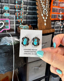 Kingman Turquoise & Silver Pearl Stud Earrings – Sterling Silver – Native Made by L. Silversmith