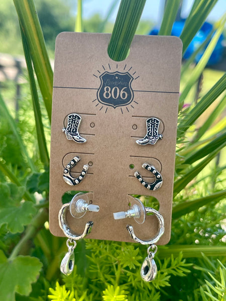 Western silver charm and post earring set