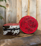 Red Tooled Leather & Cowhide Round Jewelry Box