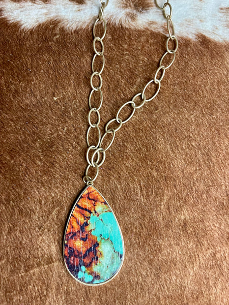 Turquoise and Brown Wood Teardrop Necklace