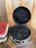 Red Tooled Leather & Cowhide Round Jewelry Box