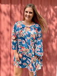 TEAL FORAL KEYHOLE BELL SLEEVE DRESS