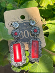 Western stone rectangle, silver post earrings