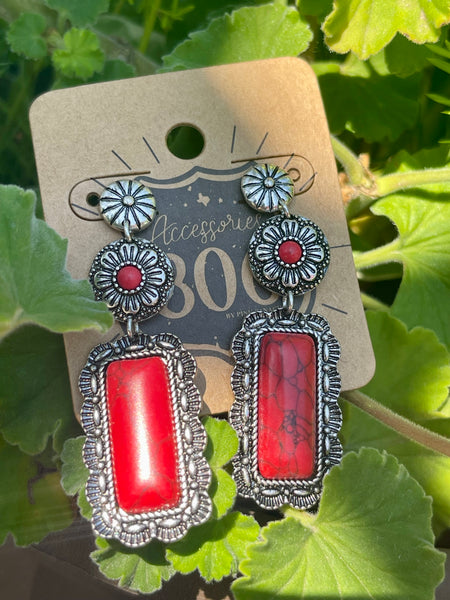 Western stone rectangle, silver post earrings