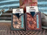 Hand Tooled Leather Boot Wallet with Flower and Southwest Bar - Dixies Western Wear 