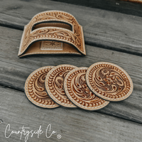 Handmade Tooled Leather Coaster Set by Countryside Co.
