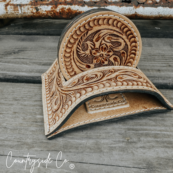 Handmade Tooled Leather Coaster Set by Countryside Co.