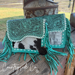 Turquoise Tooled Leather and Cowhide Purse