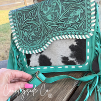 Turquoise Tooled Leather and Cowhide Purse