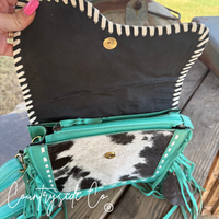 Turquoise Tooled Leather and Cowhide Purse