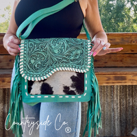 Turquoise Tooled Leather and Cowhide Purse