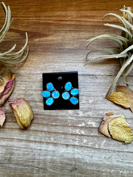 Blue Opal Half-Cluster Stud Earrings – Sterling Silver, One of a Kind