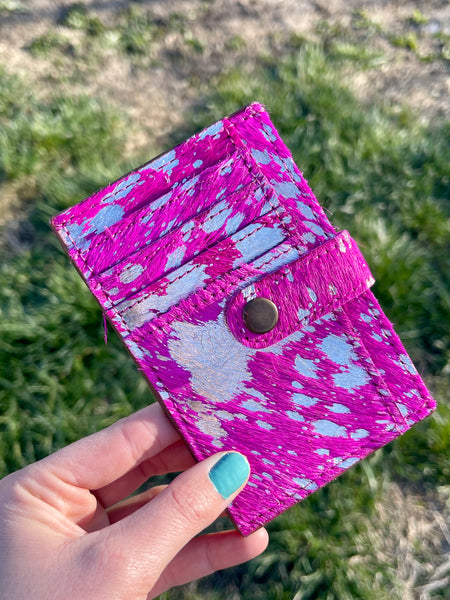 Pink & Silver Acid Wash Cowhide Card Wallet