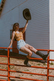 The Camel Suede Stretch Boot Stitch Corset Top