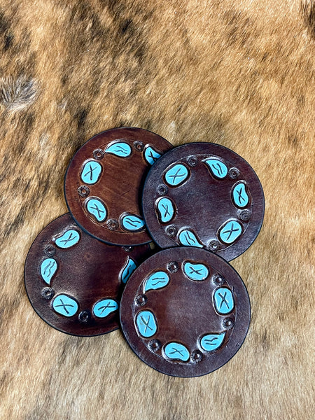 Brown Turquoise Leather Coasters