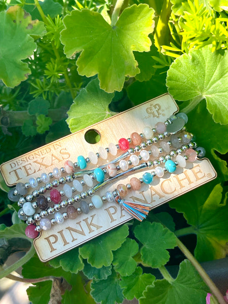 Colorful and gold bead charm bracelet stack