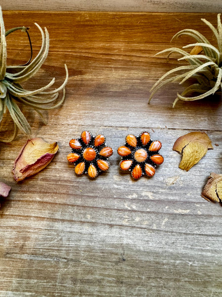 Orange Spiny Oyster Cluster Earrings – One-of-a-Kind Statement Pair in Sterling Silver