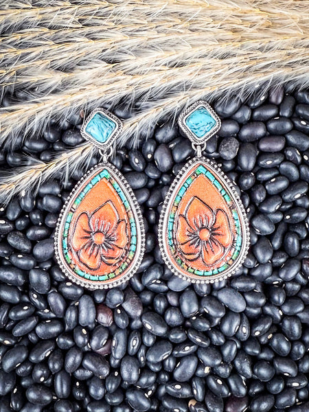 Faline Turquoise and Floral Tooled Leather Stud Fashion Earrings