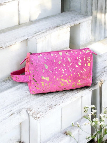 Pink Cowhide Acid Wash Gold Toiletry Bag