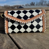 Checkered Black and White Genuine Leather Western Purse, Wallet, OR Clutch by Double B Wild Rags - Dixies Western Wear 