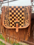 Boho Fringe Checkered Leather Western Purse by Double B - Dixies Western Wear 