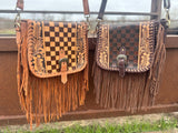Boho Fringe Checkered Leather Western Purse by Double B - Dixies Western Wear 