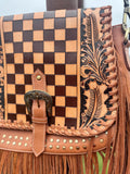 Boho Fringe Checkered Leather Western Purse by Double B - Dixies Western Wear 