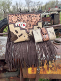 Genuine Western Spotted Cowhide Leather Purse and Wallet with Ace Cards painted details and brown fringe - Dixies Western Wear 