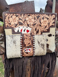 Genuine Western Spotted Cowhide Leather Purse and Wallet with Ace Cards painted details and brown fringe - Dixies Western Wear 