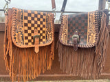 Boho Fringe Checkered Leather Western Purse by Double B - Dixies Western Wear 