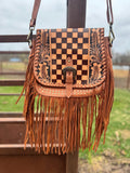 Boho Fringe Checkered Leather Western Purse by Double B - Dixies Western Wear 