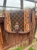 Boho Fringe Checkered Leather Western Purse by Double B - Dixies Western Wear 