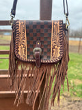 Boho Fringe Checkered Leather Western Purse by Double B - Dixies Western Wear 