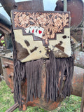 Genuine Western Spotted Cowhide Leather Purse and Wallet with Ace Cards painted details and brown fringe - Dixies Western Wear 