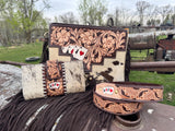 Genuine Western Spotted Cowhide Leather Purse and Wallet with Ace Cards painted details and brown fringe - Dixies Western Wear 