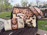 Genuine Western Spotted Cowhide Leather Purse and Wallet with Ace Cards painted details and brown fringe - Dixies Western Wear 